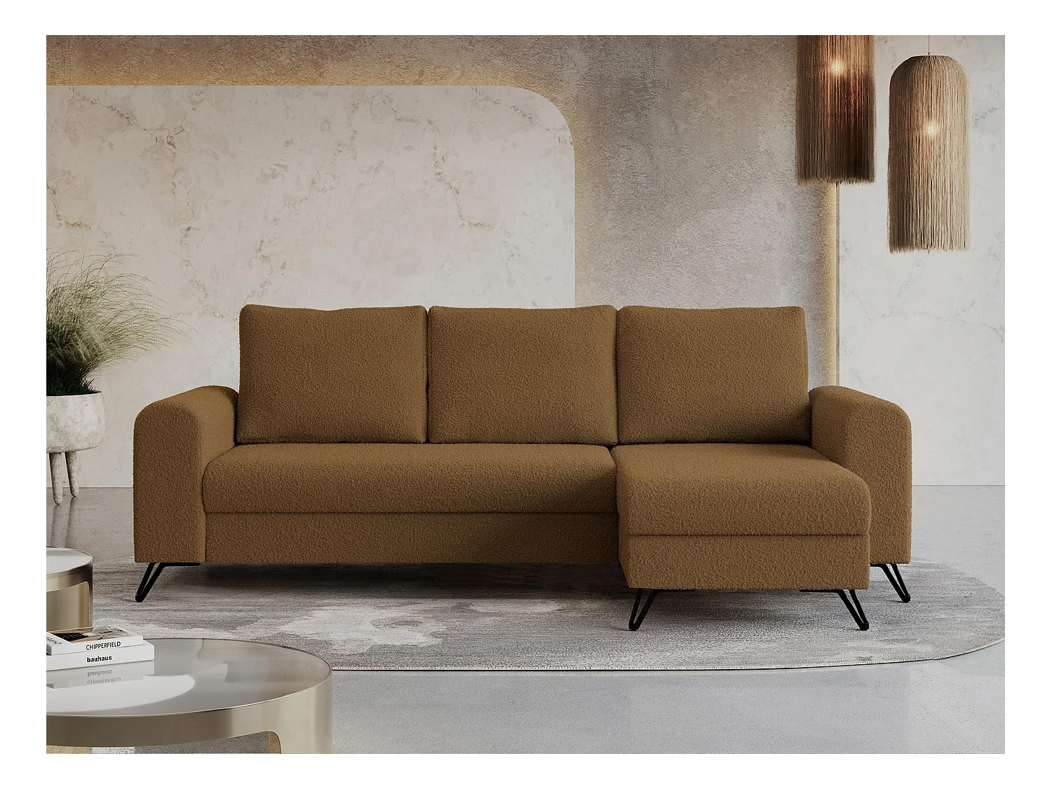 Ecksofa HUGO - L-Form mit Schlaffunktion, lose Kissen - Braun Boucle