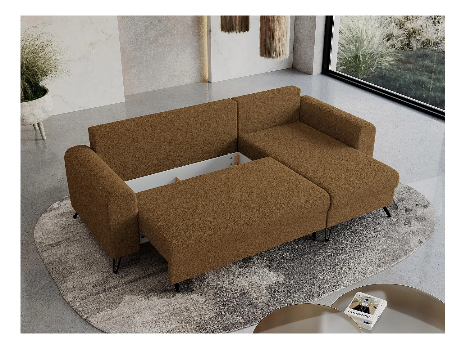 Ecksofa HUGO - L-Form mit Schlaffunktion, lose Kissen - Braun Boucle