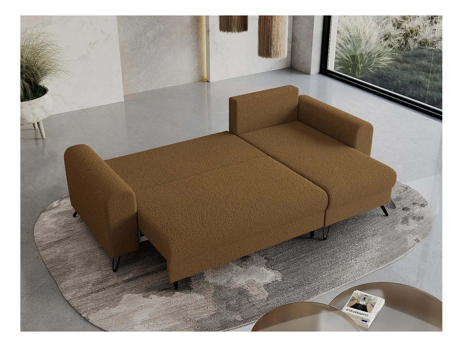 Ecksofa HUGO - L-Form mit Schlaffunktion, lose Kissen - Braun Boucle