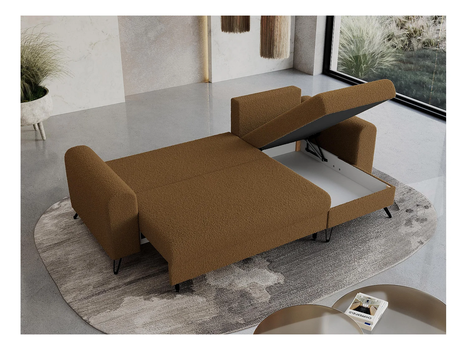 Ecksofa HUGO - L-Form mit Schlaffunktion, lose Kissen - Braun Boucle