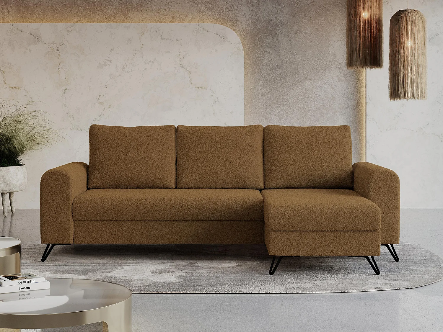 Ecksofa HUGO - L-Form mit Schlaffunktion, lose Kissen - Braun Boucle