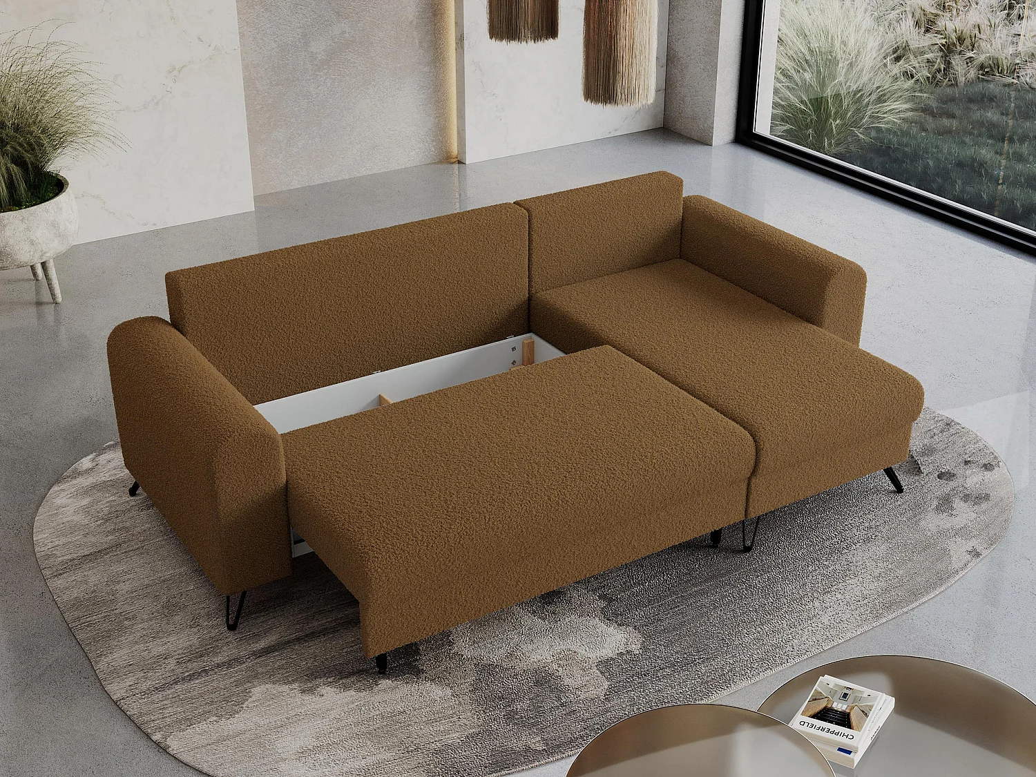 Ecksofa HUGO - L-Form mit Schlaffunktion, lose Kissen - Braun Boucle