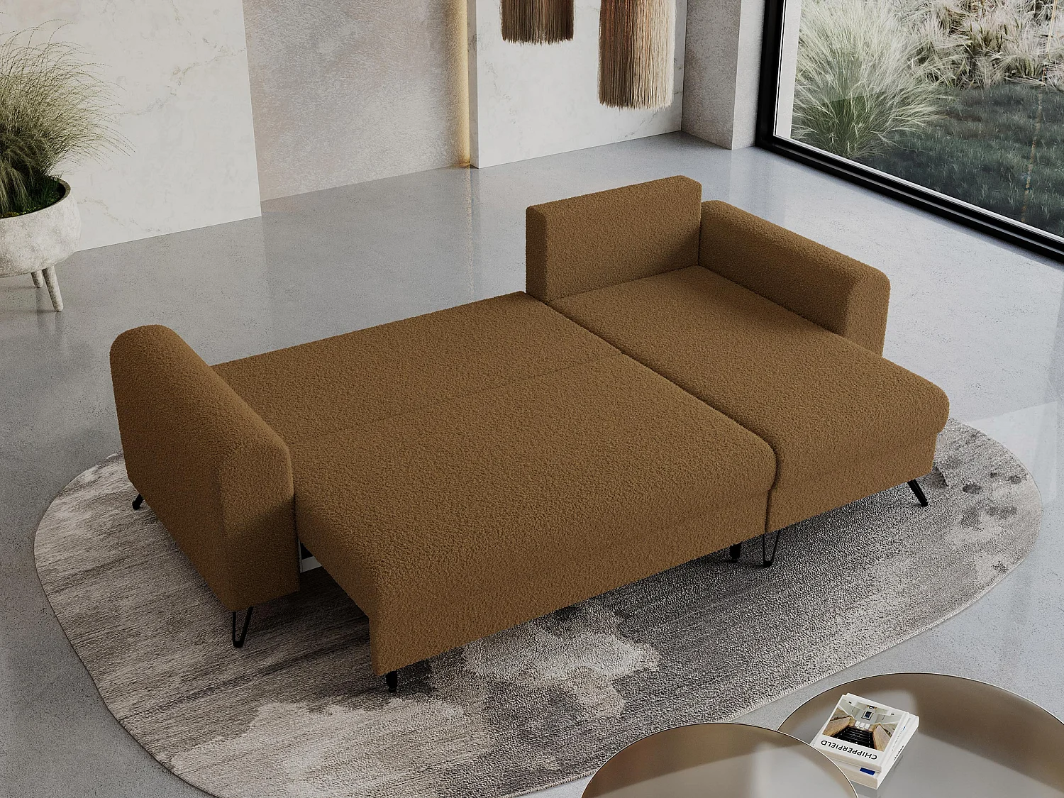 Ecksofa HUGO - L-Form mit Schlaffunktion, lose Kissen - Braun Boucle