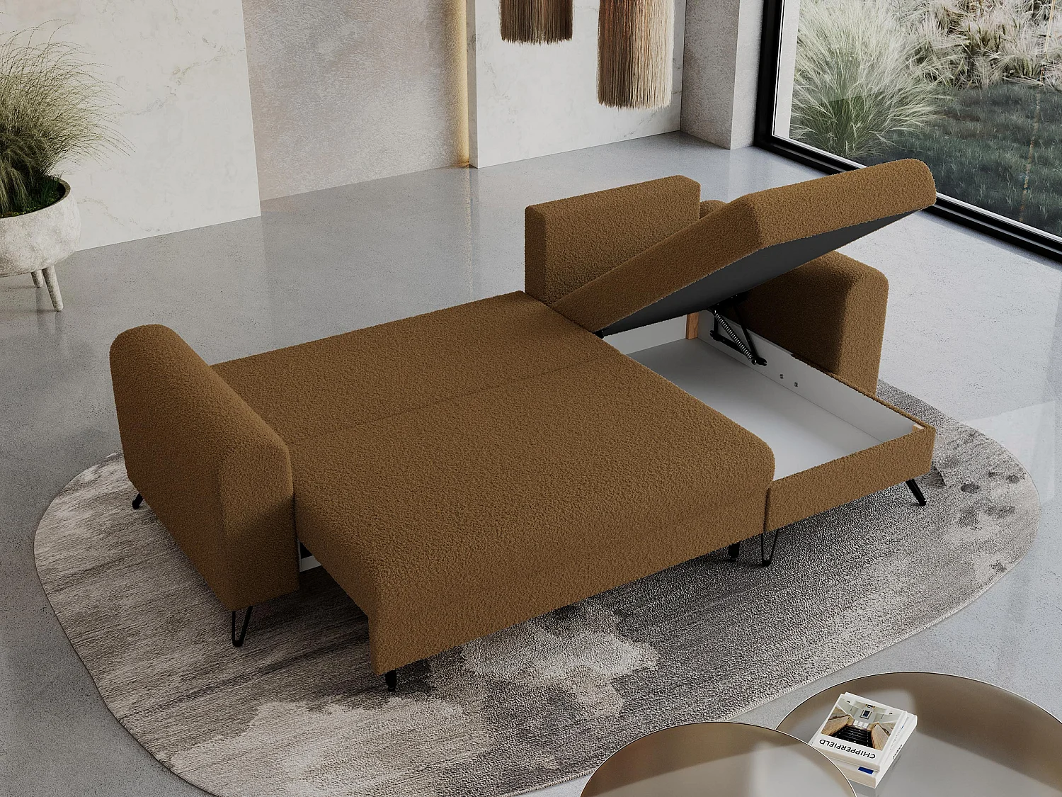 Ecksofa HUGO - L-Form mit Schlaffunktion, lose Kissen - Braun Boucle