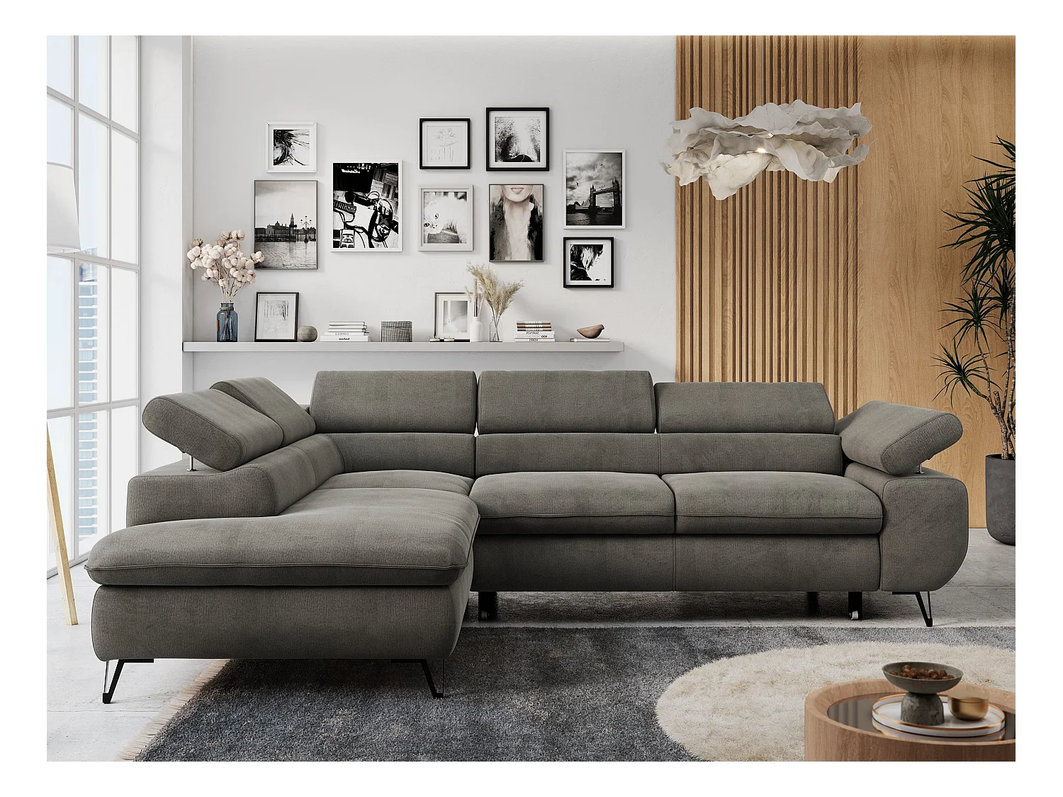 Ecksofa PETER verstellbare Kopfstütze, schlaffunktion - Dunkelgrau Velvet - Ecke Links