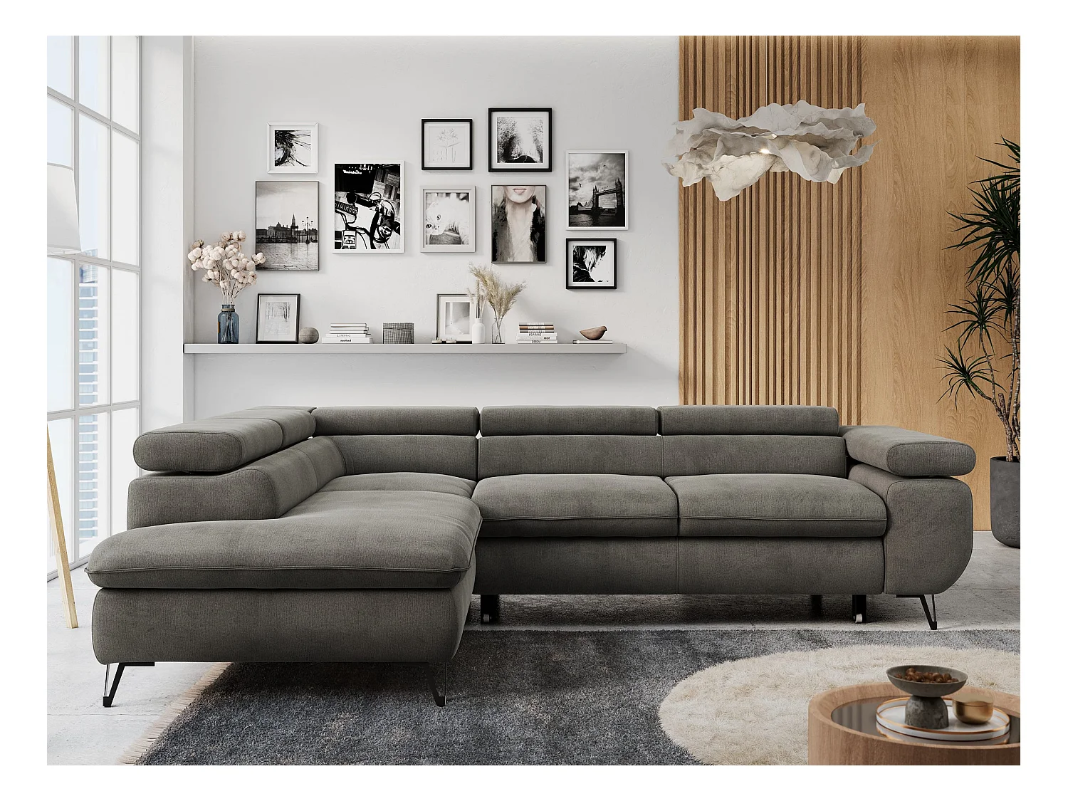 Ecksofa PETER verstellbare Kopfstütze, schlaffunktion - Dunkelgrau Velvet - Ecke Links