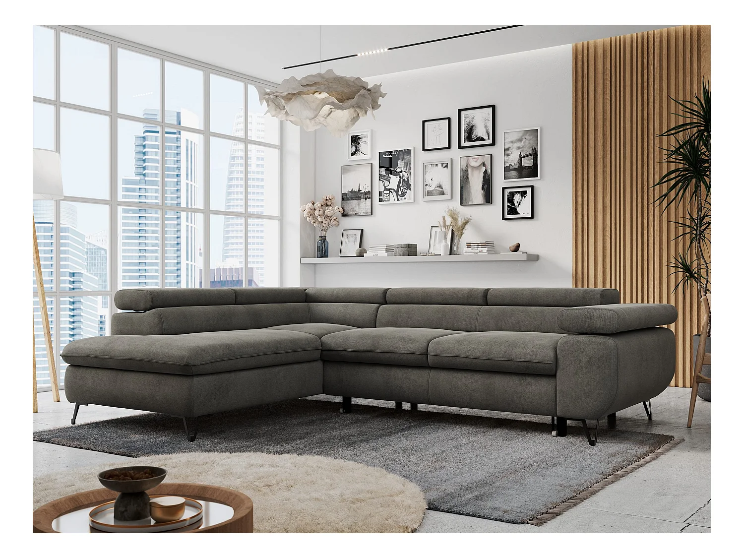 Ecksofa PETER verstellbare Kopfstütze, schlaffunktion - Dunkelgrau Velvet - Ecke Links