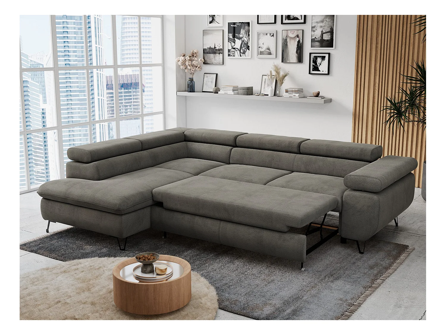 Ecksofa PETER verstellbare Kopfstütze, schlaffunktion - Dunkelgrau Velvet - Ecke Links