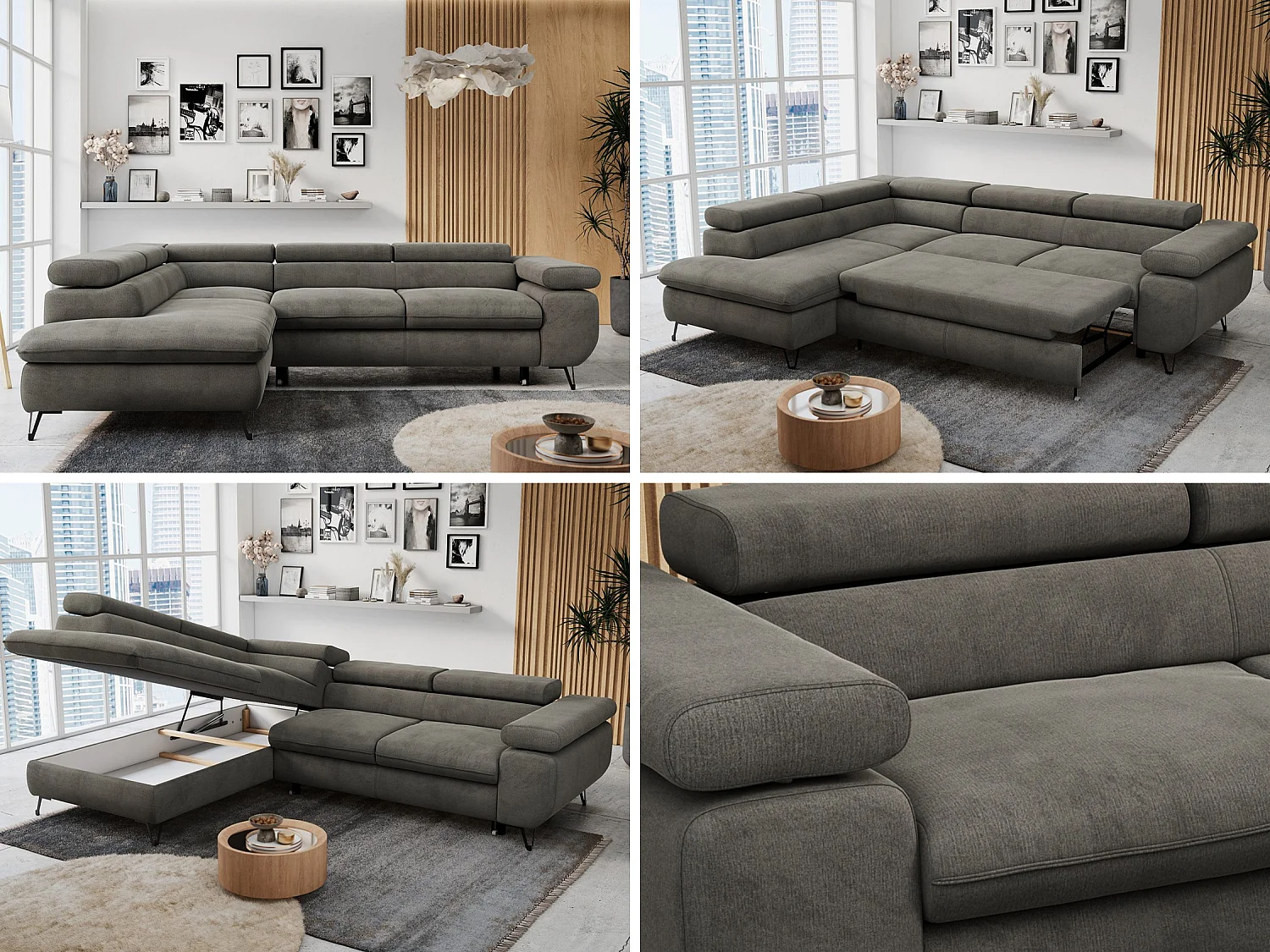 Ecksofa PETER verstellbare Kopfstütze, schlaffunktion - Dunkelgrau Velvet - Ecke Links