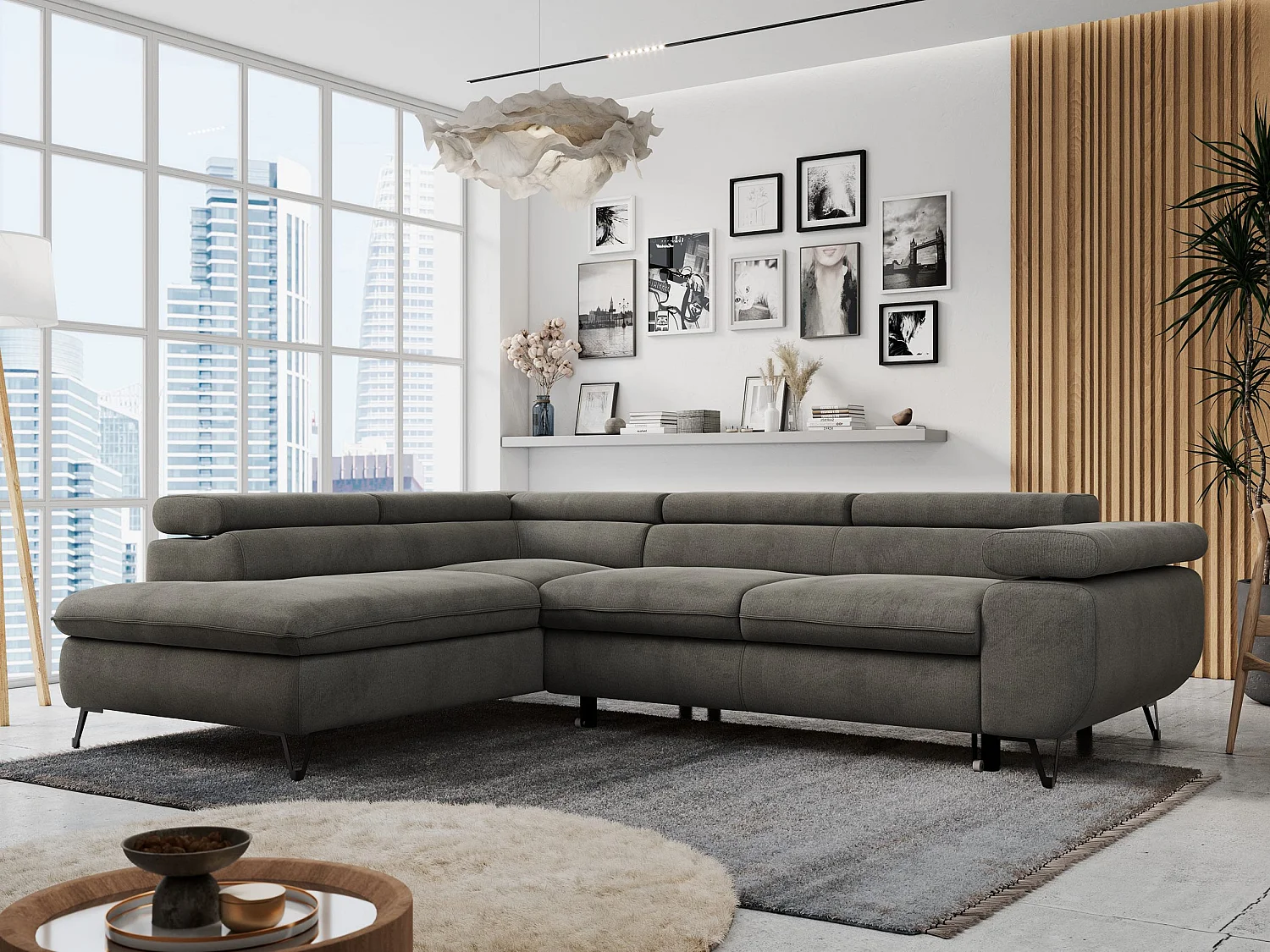 Ecksofa PETER verstellbare Kopfstütze, schlaffunktion - Dunkelgrau Velvet - Ecke Links