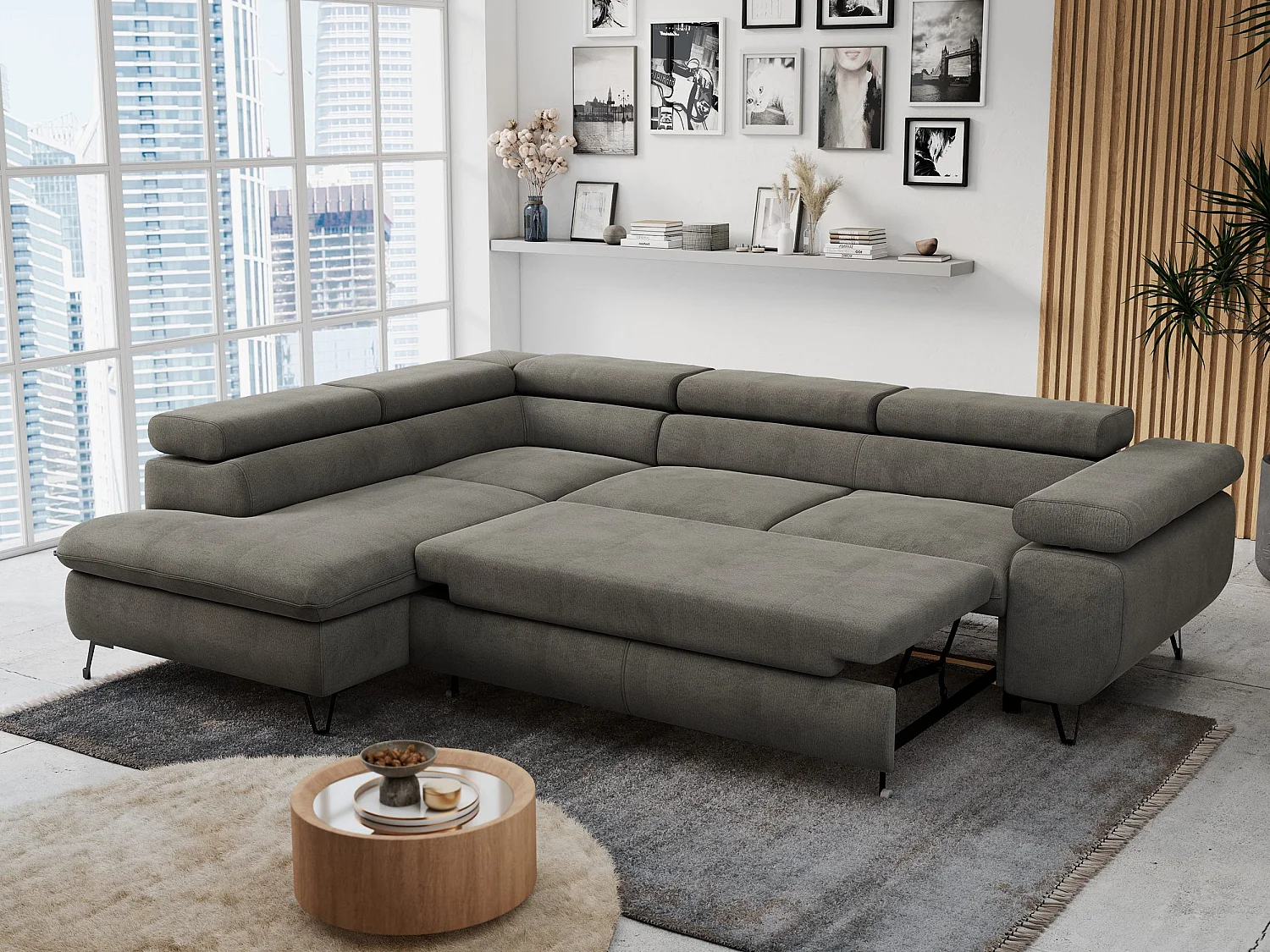 Ecksofa PETER verstellbare Kopfstütze, schlaffunktion - Dunkelgrau Velvet - Ecke Links