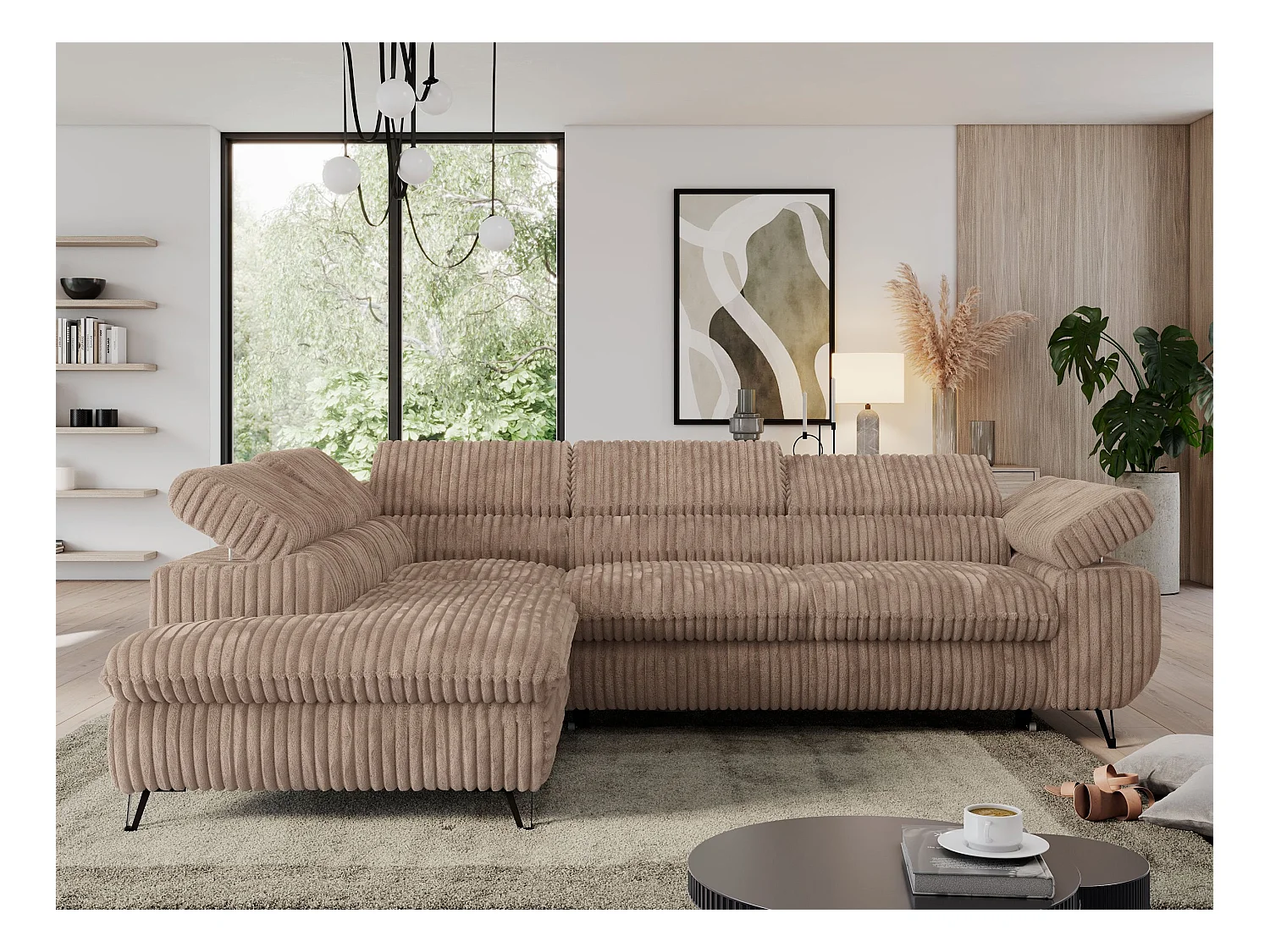 Ecksofa PEDRO - L-Form mit Schlaffunktion 200x125 cm, verstellbaren Kopfstützen - Braun Cord - Ecke Links