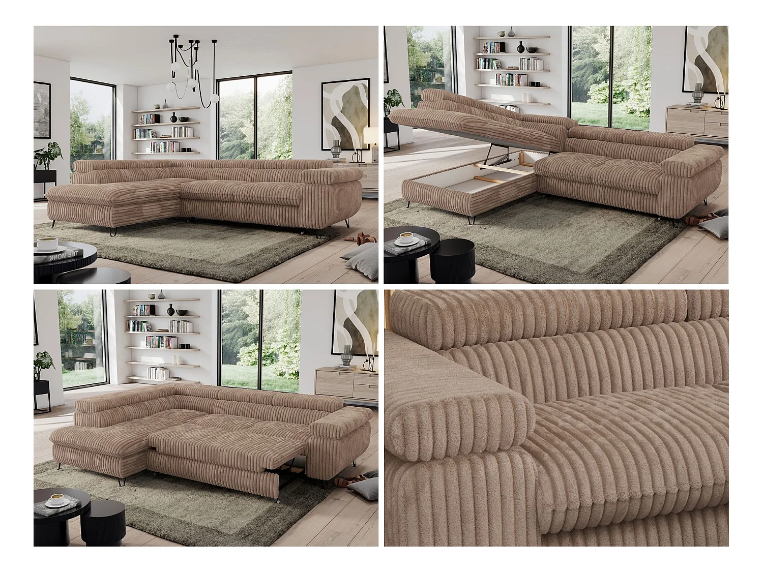 Ecksofa PEDRO - L-Form mit Schlaffunktion 200x125 cm, verstellbaren Kopfstützen - Braun Cord - Ecke Links