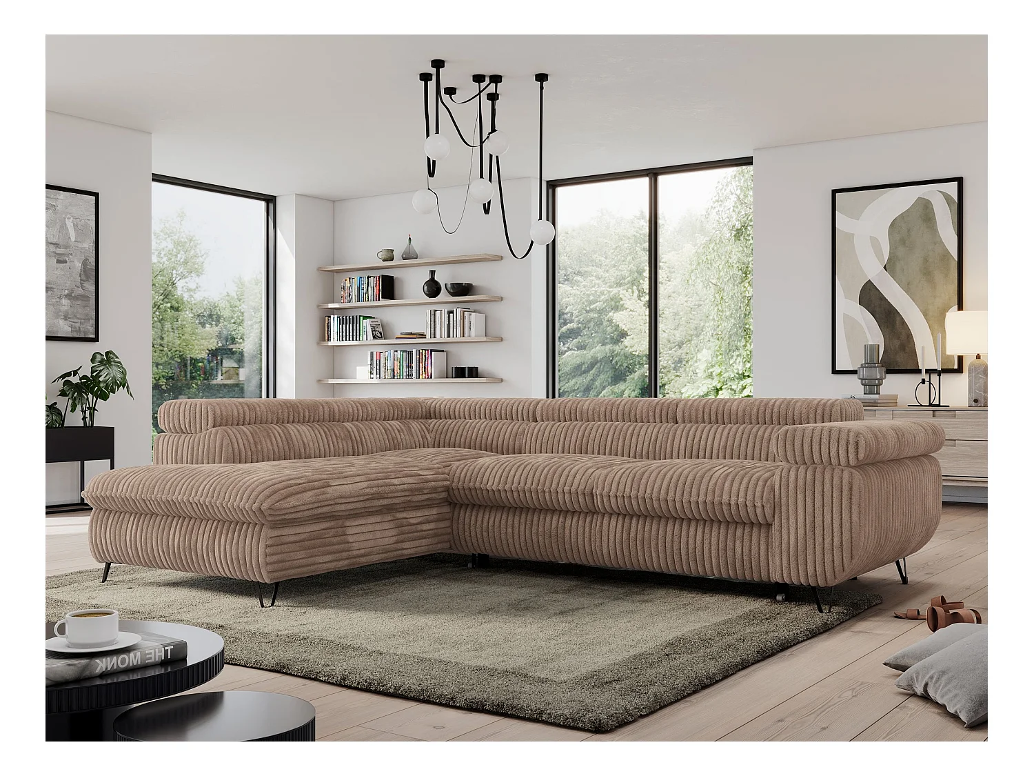 Ecksofa PEDRO - L-Form mit Schlaffunktion 200x125 cm, verstellbaren Kopfstützen - Braun Cord - Ecke Links