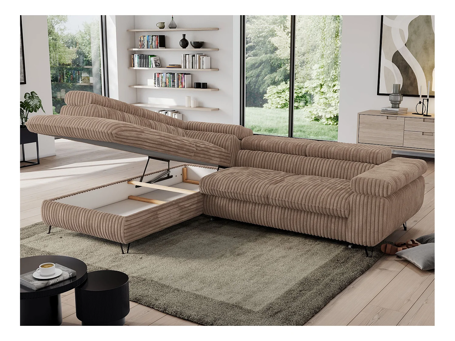 Ecksofa PEDRO - L-Form mit Schlaffunktion 200x125 cm, verstellbaren Kopfstützen - Braun Cord - Ecke Links