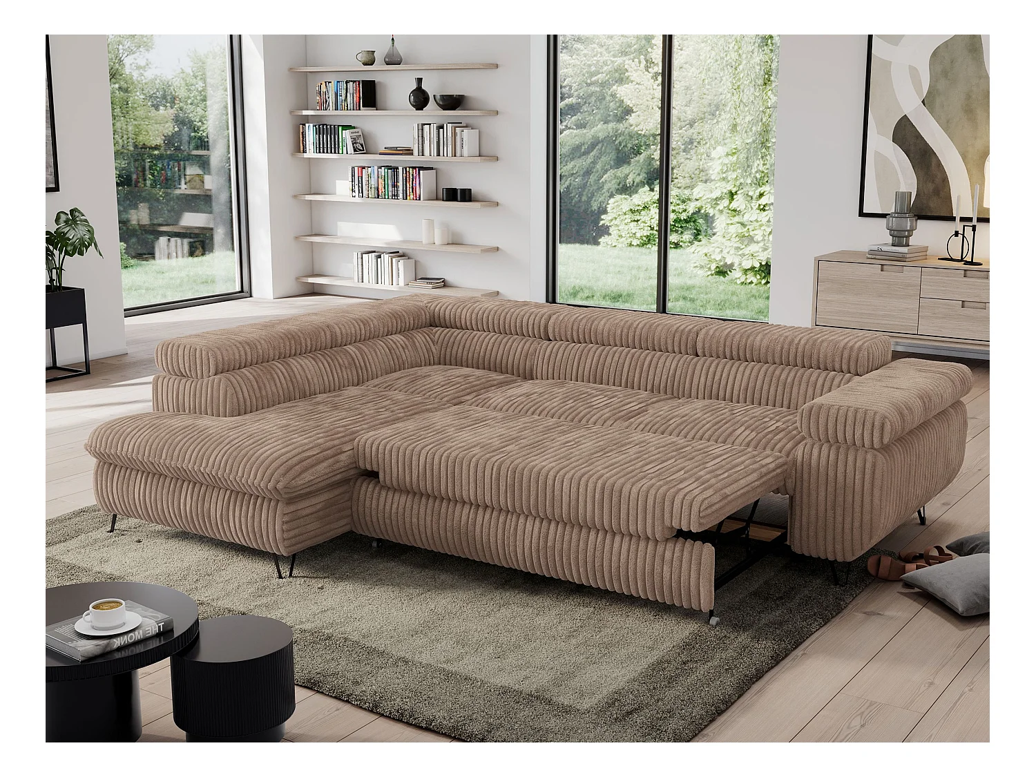 Ecksofa PEDRO - L-Form mit Schlaffunktion 200x125 cm, verstellbaren Kopfstützen - Braun Cord - Ecke Links