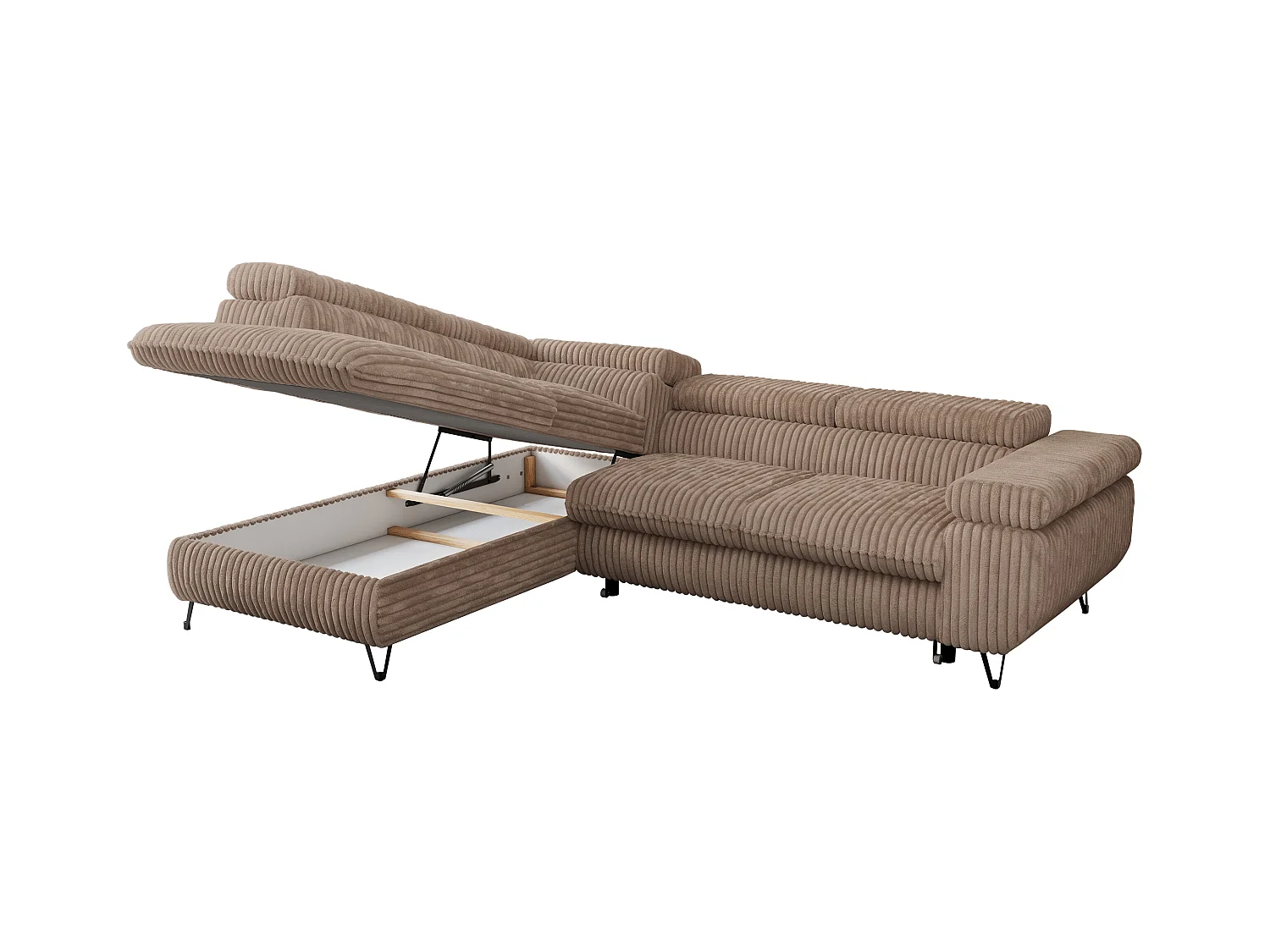 Ecksofa PEDRO - L-Form mit Schlaffunktion 200x125 cm, verstellbaren Kopfstützen - Braun Cord - Ecke Links