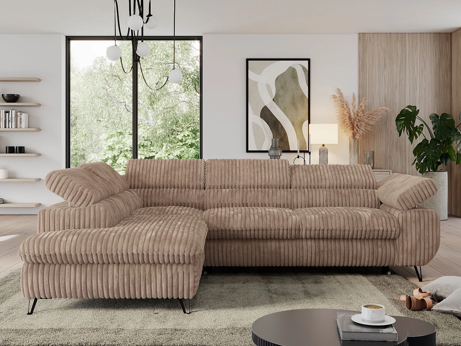 Ecksofa PEDRO - L-Form mit Schlaffunktion 200x125 cm, verstellbaren Kopfstützen - Braun Cord - Ecke Links