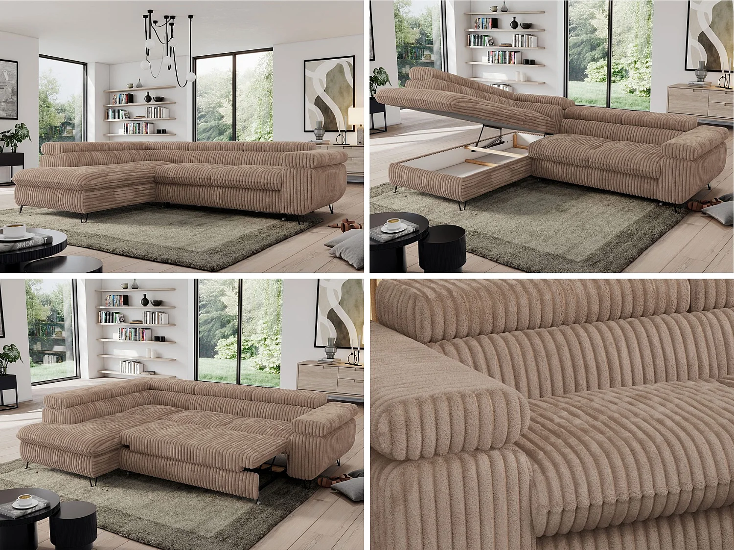 Ecksofa PEDRO - L-Form mit Schlaffunktion 200x125 cm, verstellbaren Kopfstützen - Braun Cord - Ecke Links