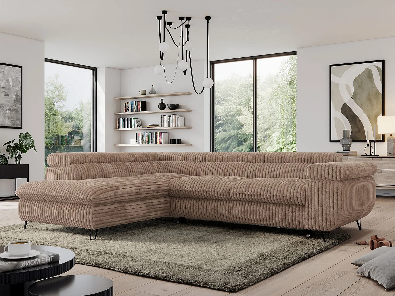 Ecksofa PEDRO - L-Form mit Schlaffunktion 200x125 cm, verstellbaren Kopfstützen - Braun Cord - Ecke Links