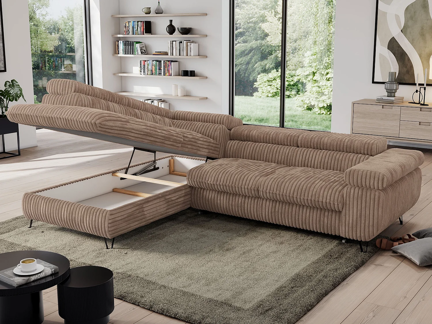 Ecksofa PEDRO - L-Form mit Schlaffunktion 200x125 cm, verstellbaren Kopfstützen - Braun Cord - Ecke Links