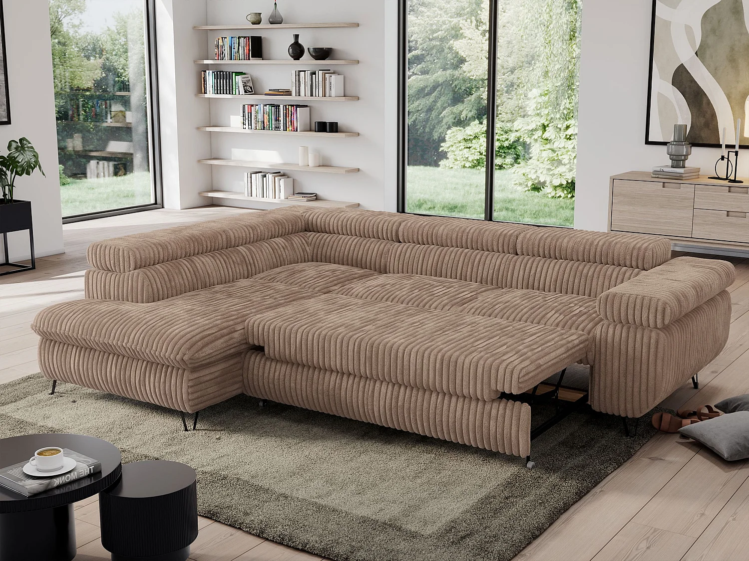 Ecksofa PEDRO - L-Form mit Schlaffunktion 200x125 cm, verstellbaren Kopfstützen - Braun Cord - Ecke Links