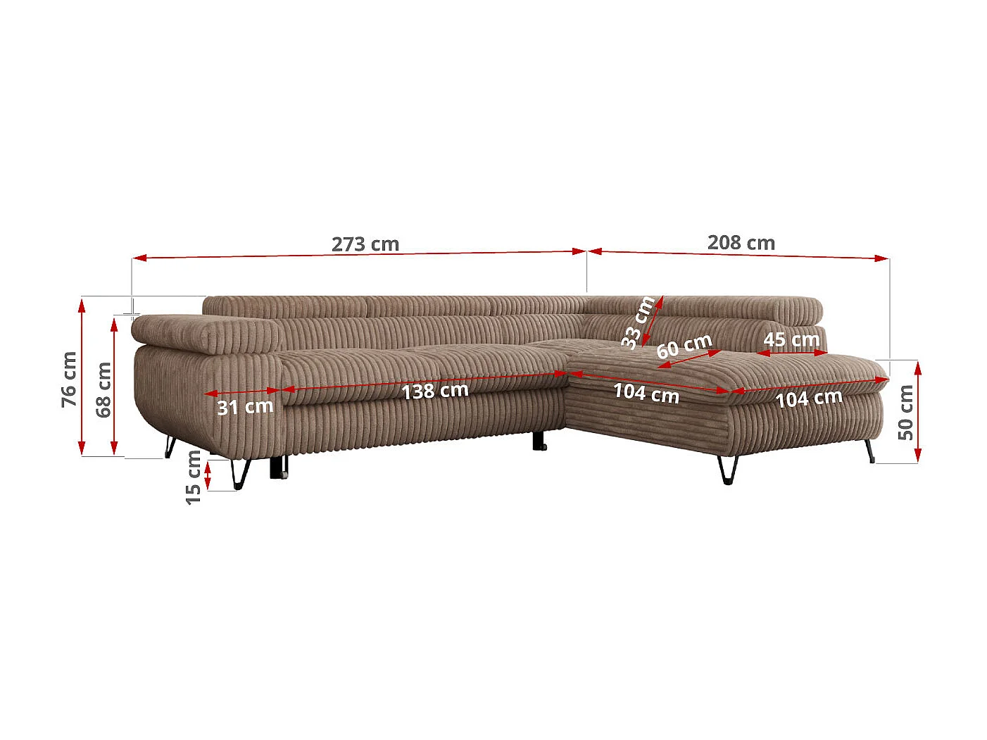 Ecksofa PEDRO - L-Form mit Schlaffunktion 200x125 cm, verstellbaren Kopfstützen - Braun Cord - Ecke Links