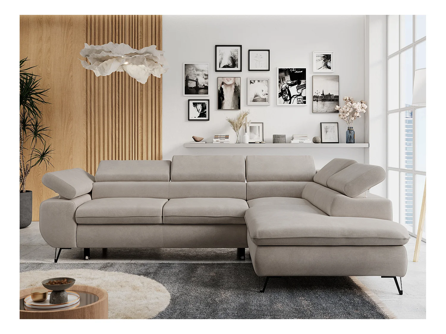 Ecksofa PETER verstellbare Kopfstütze, schlaffunktion - Beige Velvet - Ecke Rechts