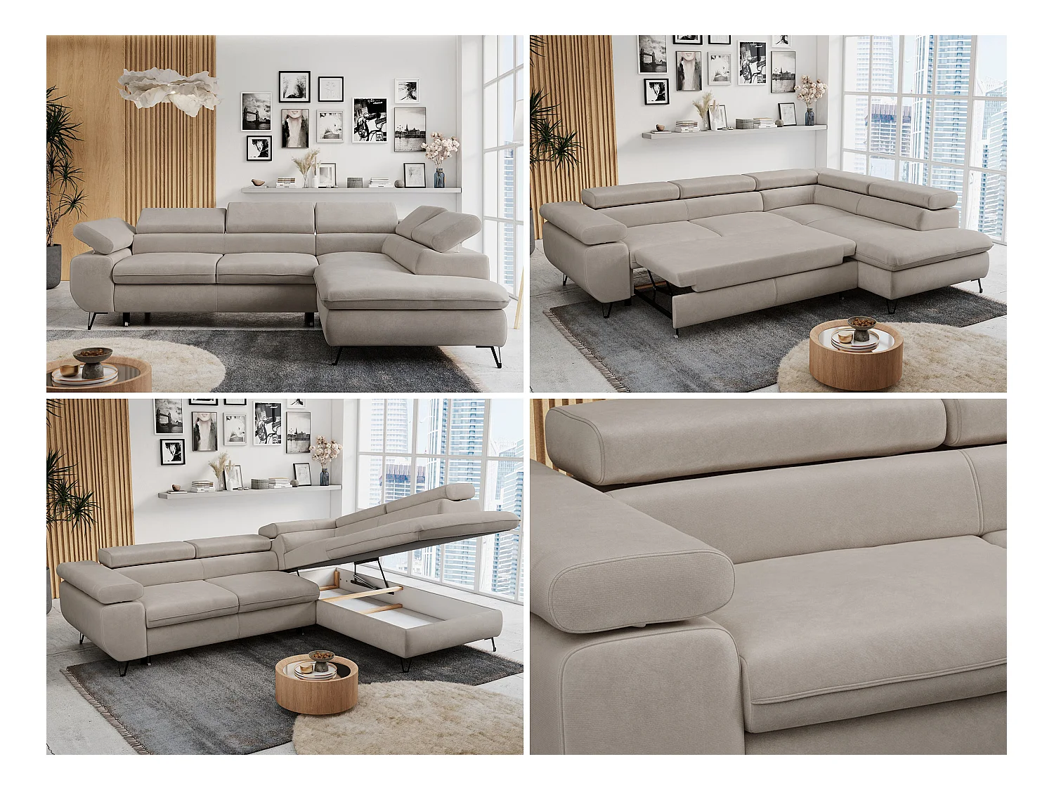 Ecksofa PETER verstellbare Kopfstütze, schlaffunktion - Beige Velvet - Ecke Rechts