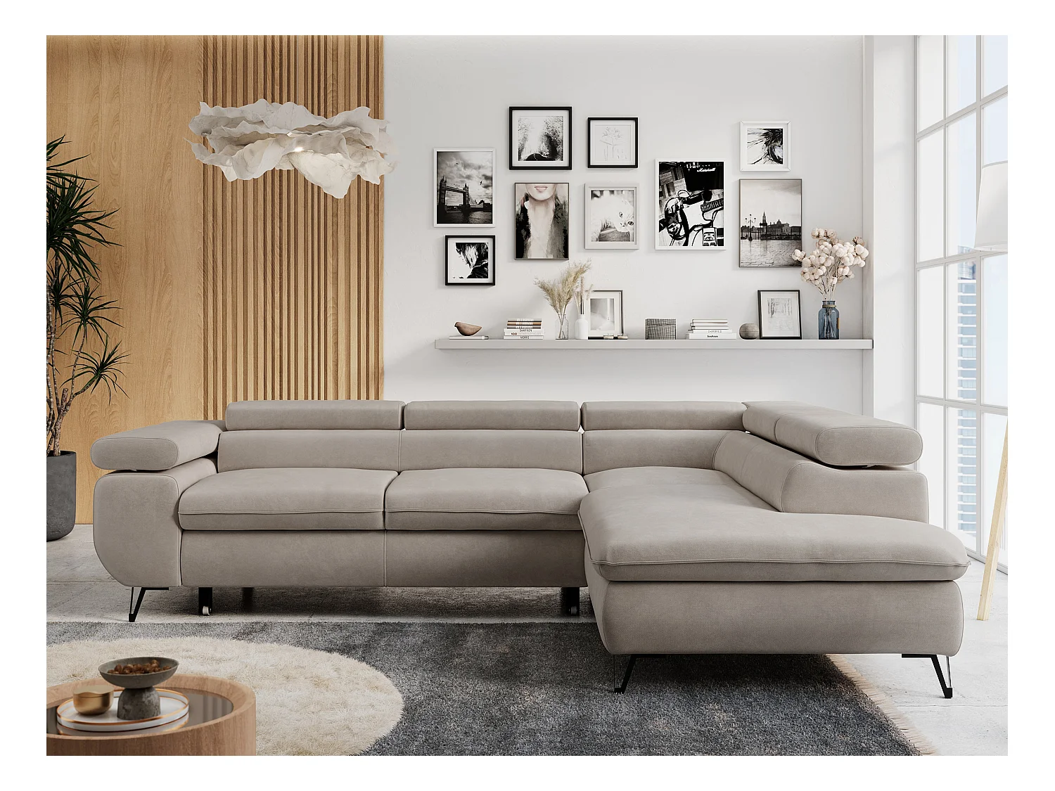 Ecksofa PETER verstellbare Kopfstütze, schlaffunktion - Beige Velvet - Ecke Rechts