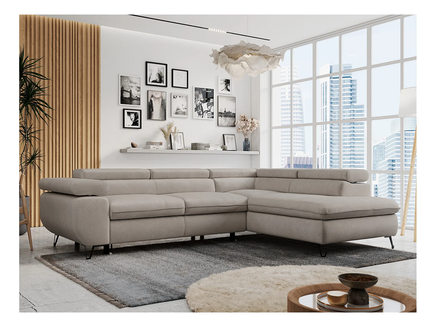 Ecksofa PETER verstellbare Kopfstütze, schlaffunktion - Beige Velvet - Ecke Rechts