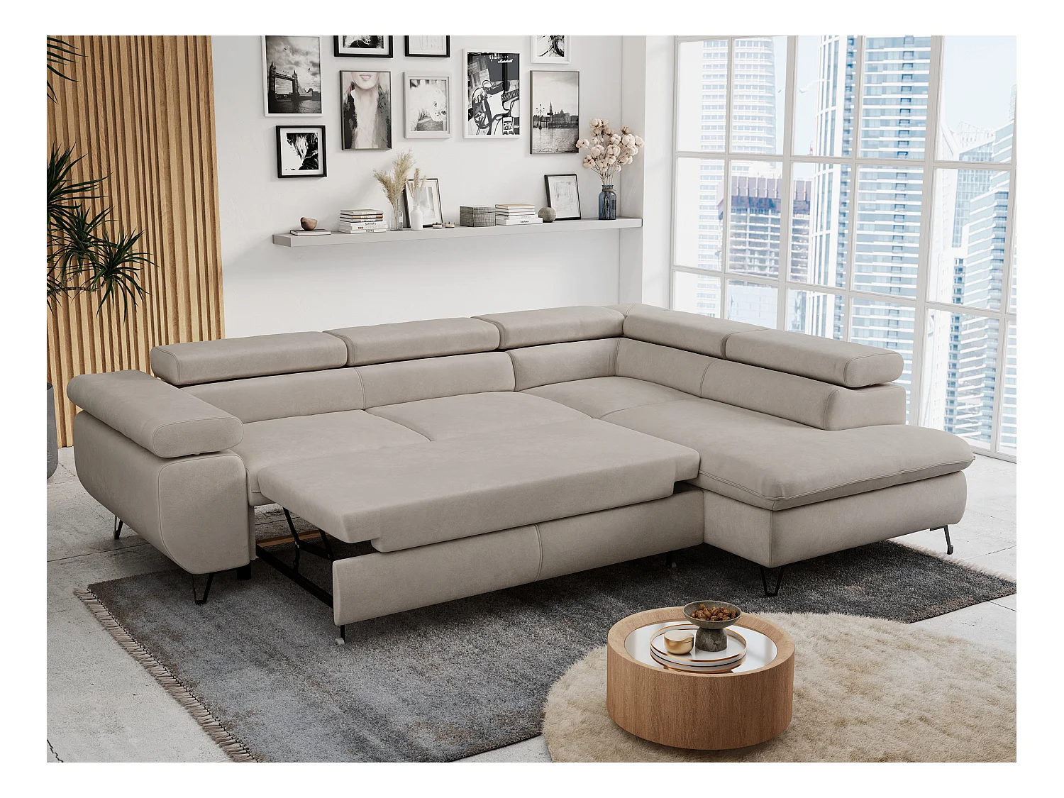 Ecksofa PETER verstellbare Kopfstütze, schlaffunktion - Beige Velvet - Ecke Rechts