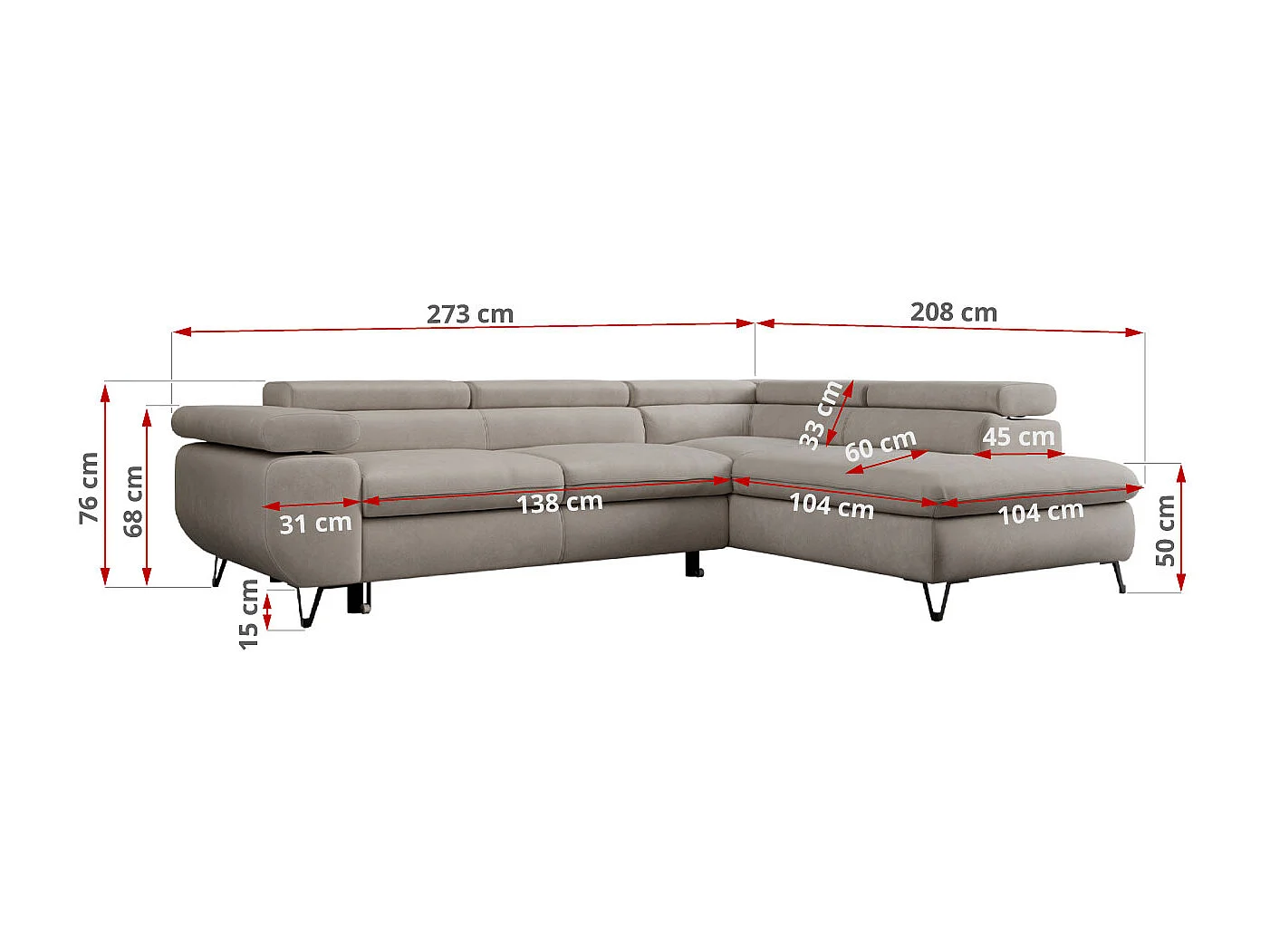 Ecksofa PETER verstellbare Kopfstütze, schlaffunktion - Beige Velvet - Ecke Rechts