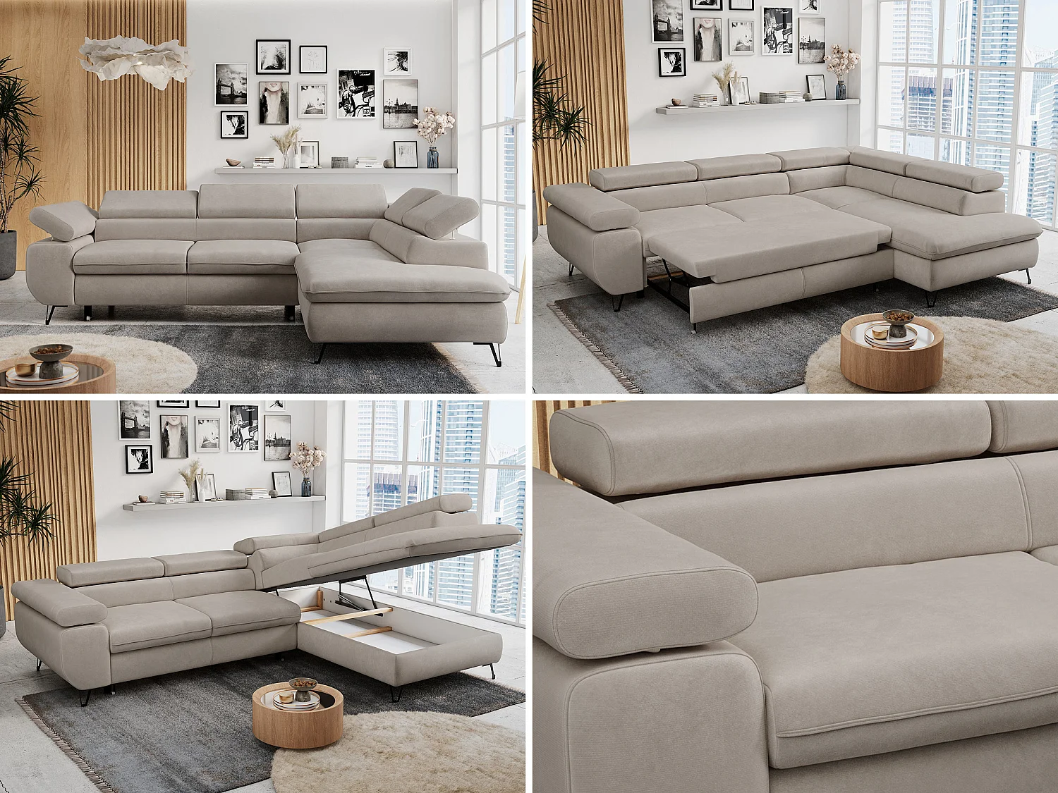 Ecksofa PETER verstellbare Kopfstütze, schlaffunktion - Beige Velvet - Ecke Rechts