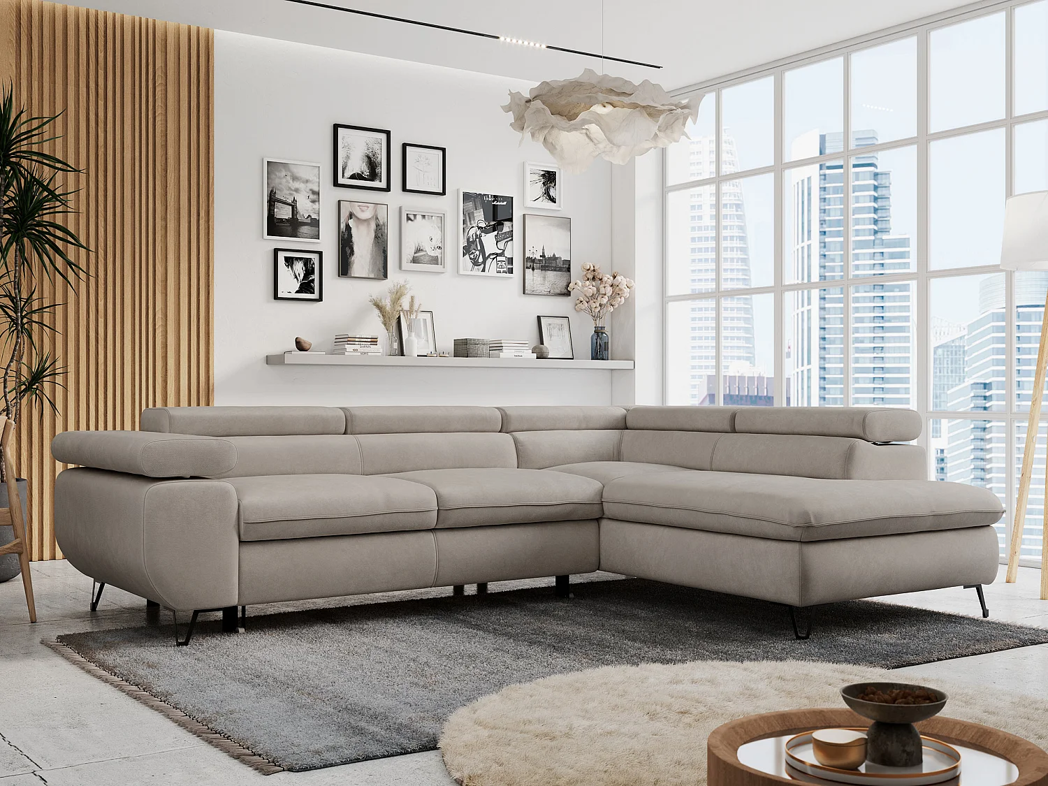 Ecksofa PETER verstellbare Kopfstütze, schlaffunktion - Beige Velvet - Ecke Rechts