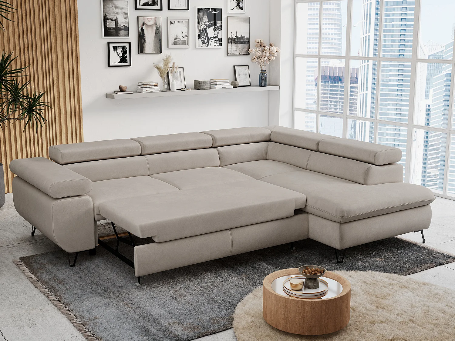 Ecksofa PETER verstellbare Kopfstütze, schlaffunktion - Beige Velvet - Ecke Rechts