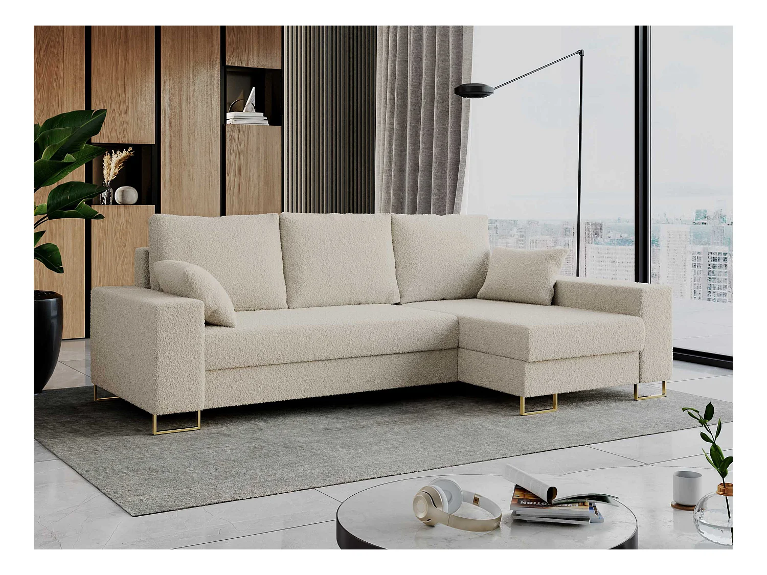 Ecksofa DORIAN - schlaffunktion und Bettkasten, lose Kissen - Beige Boucle