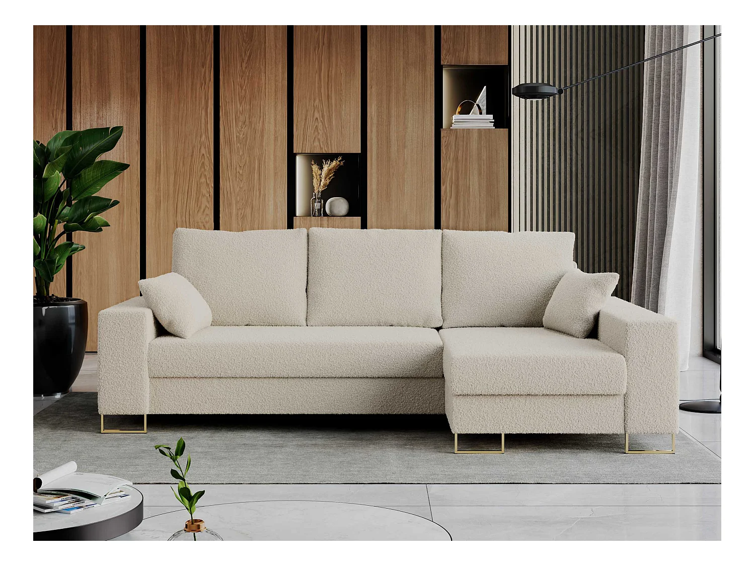 Ecksofa DORIAN - schlaffunktion und Bettkasten, lose Kissen - Beige Boucle