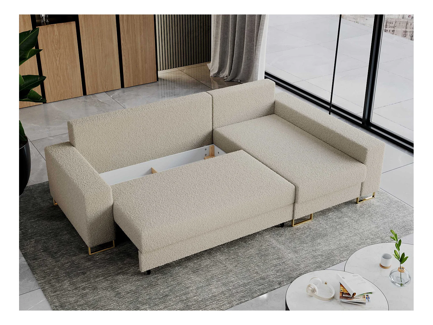 Ecksofa DORIAN - schlaffunktion und Bettkasten, lose Kissen - Beige Boucle