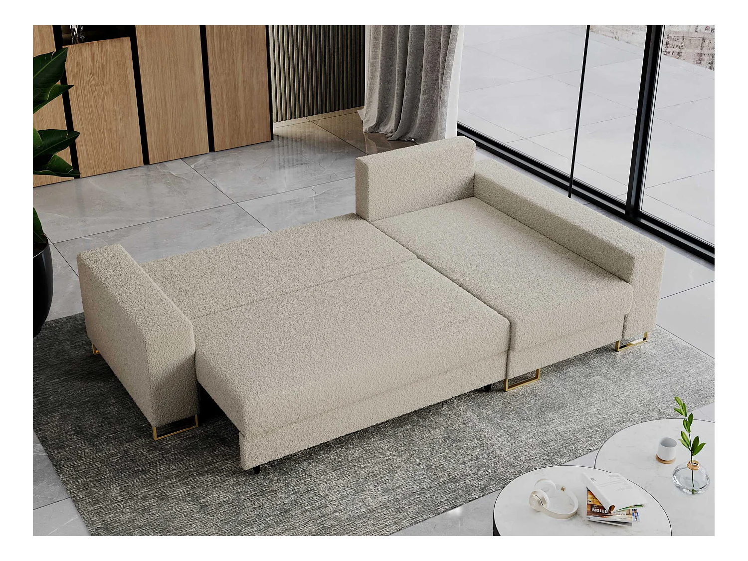 Ecksofa DORIAN - schlaffunktion und Bettkasten, lose Kissen - Beige Boucle