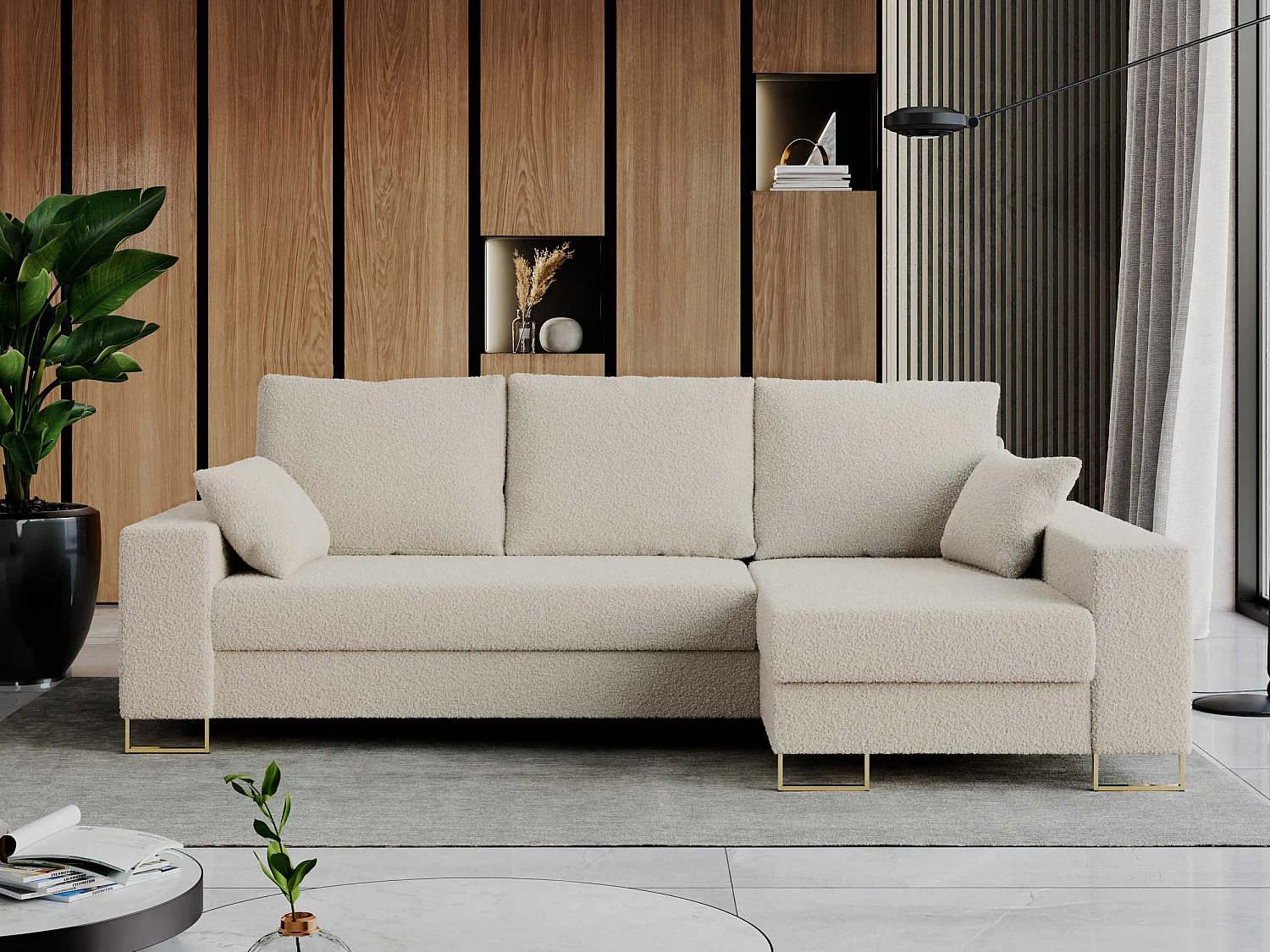 Ecksofa DORIAN - schlaffunktion und Bettkasten, lose Kissen - Beige Boucle