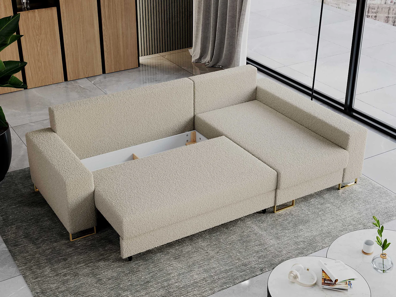 Ecksofa DORIAN - schlaffunktion und Bettkasten, lose Kissen - Beige Boucle