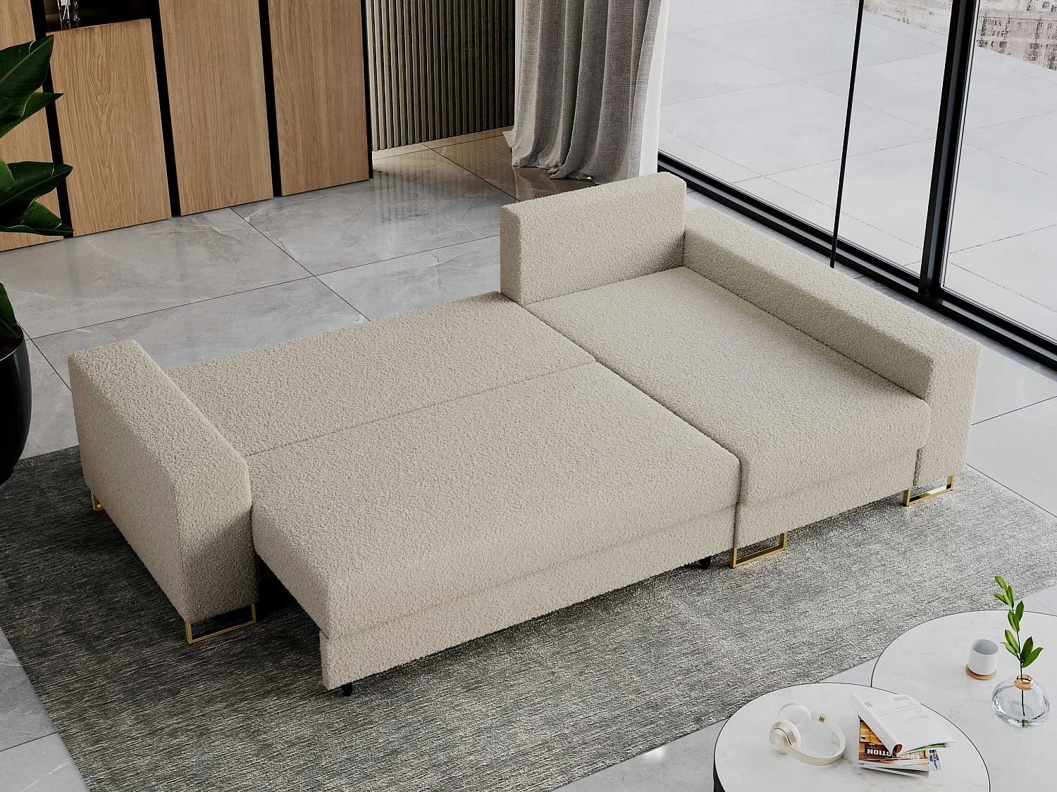 Ecksofa DORIAN - schlaffunktion und Bettkasten, lose Kissen - Beige Boucle