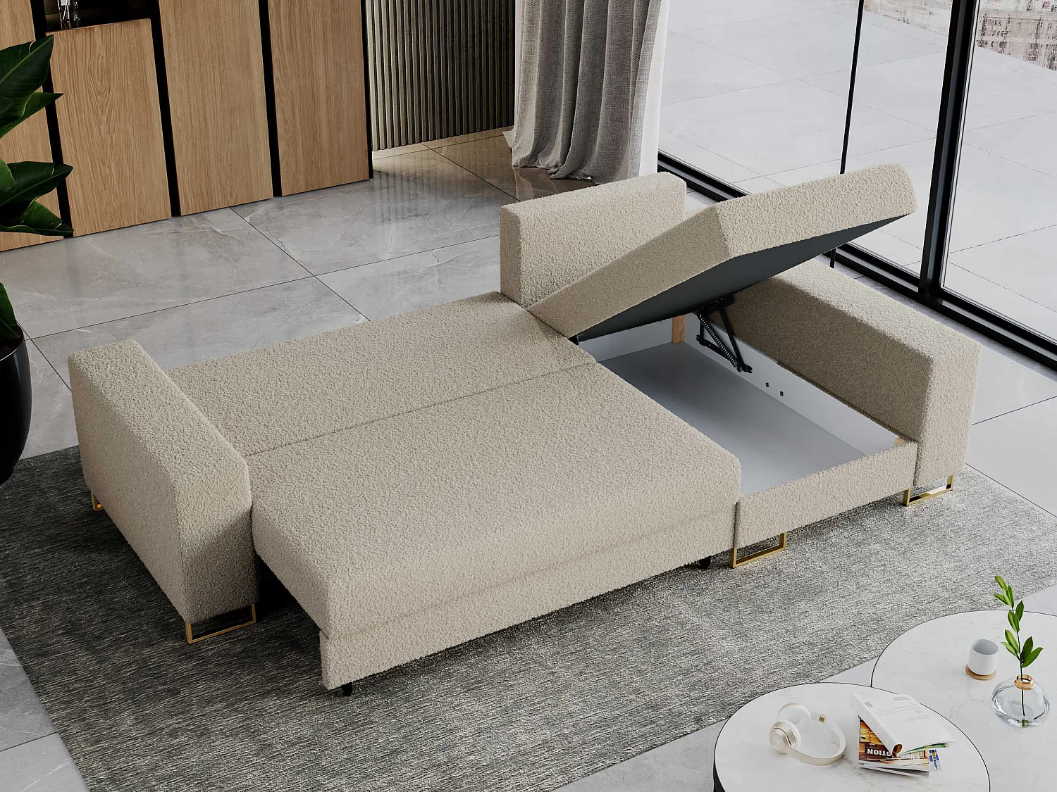 Ecksofa DORIAN - schlaffunktion und Bettkasten, lose Kissen - Beige Boucle