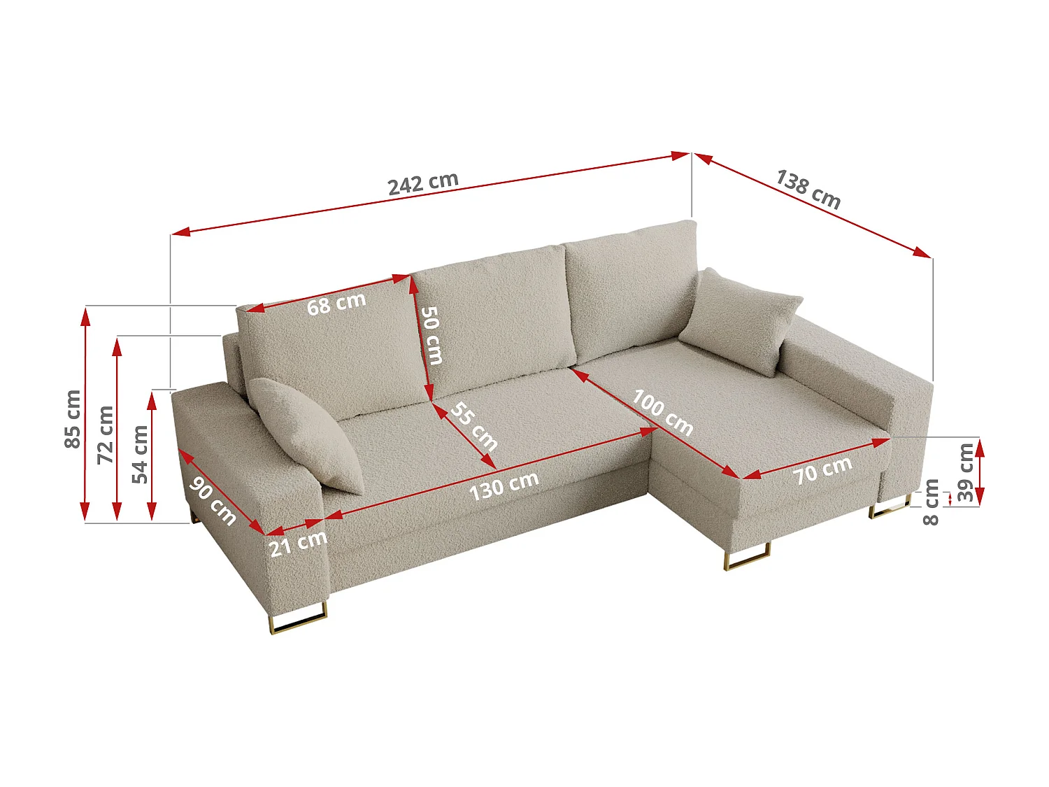Ecksofa DORIAN - schlaffunktion und Bettkasten, lose Kissen - Beige Boucle