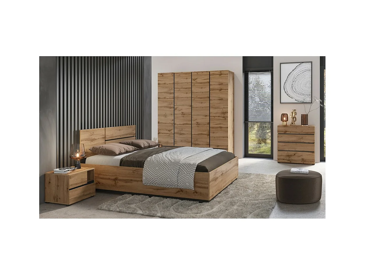 Lit HAVANA 180x200 chêne et noir avec sommier – Style naturel et couchage grand confort