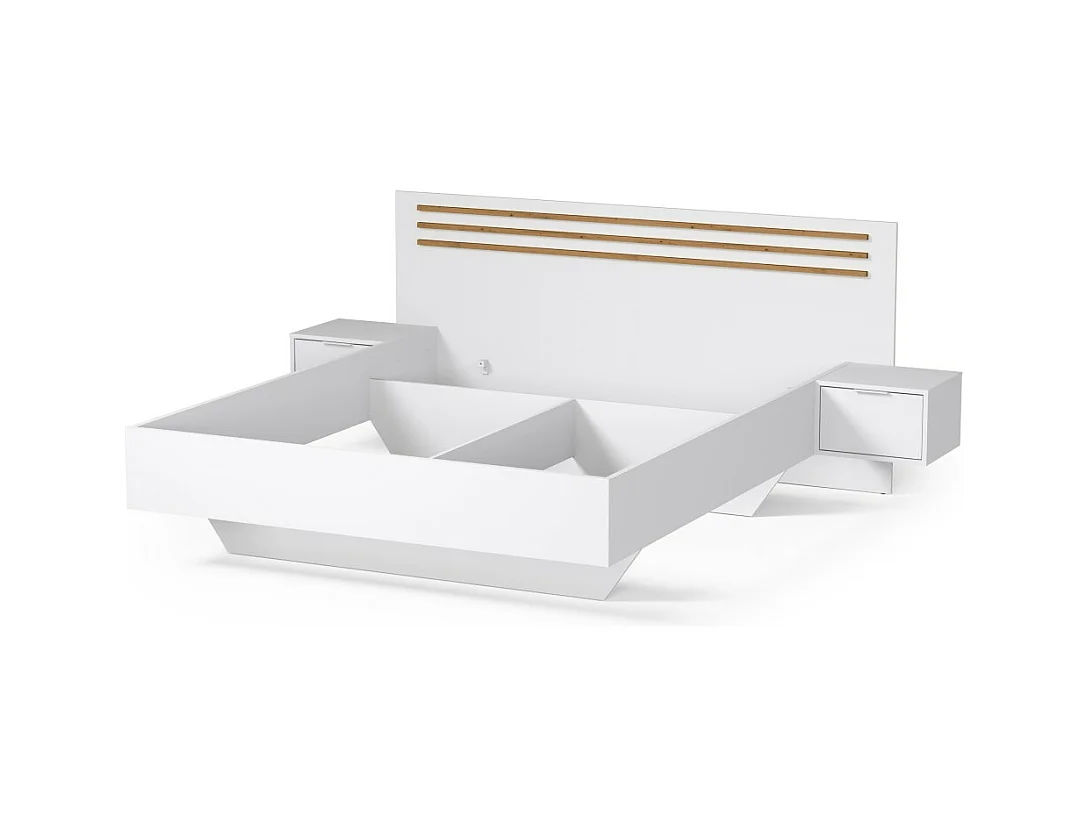 Cama FLORENCE – Blanca y roble – 160x200 cm – Con mesitas de noche integradas – Somier y cajones no incluidos