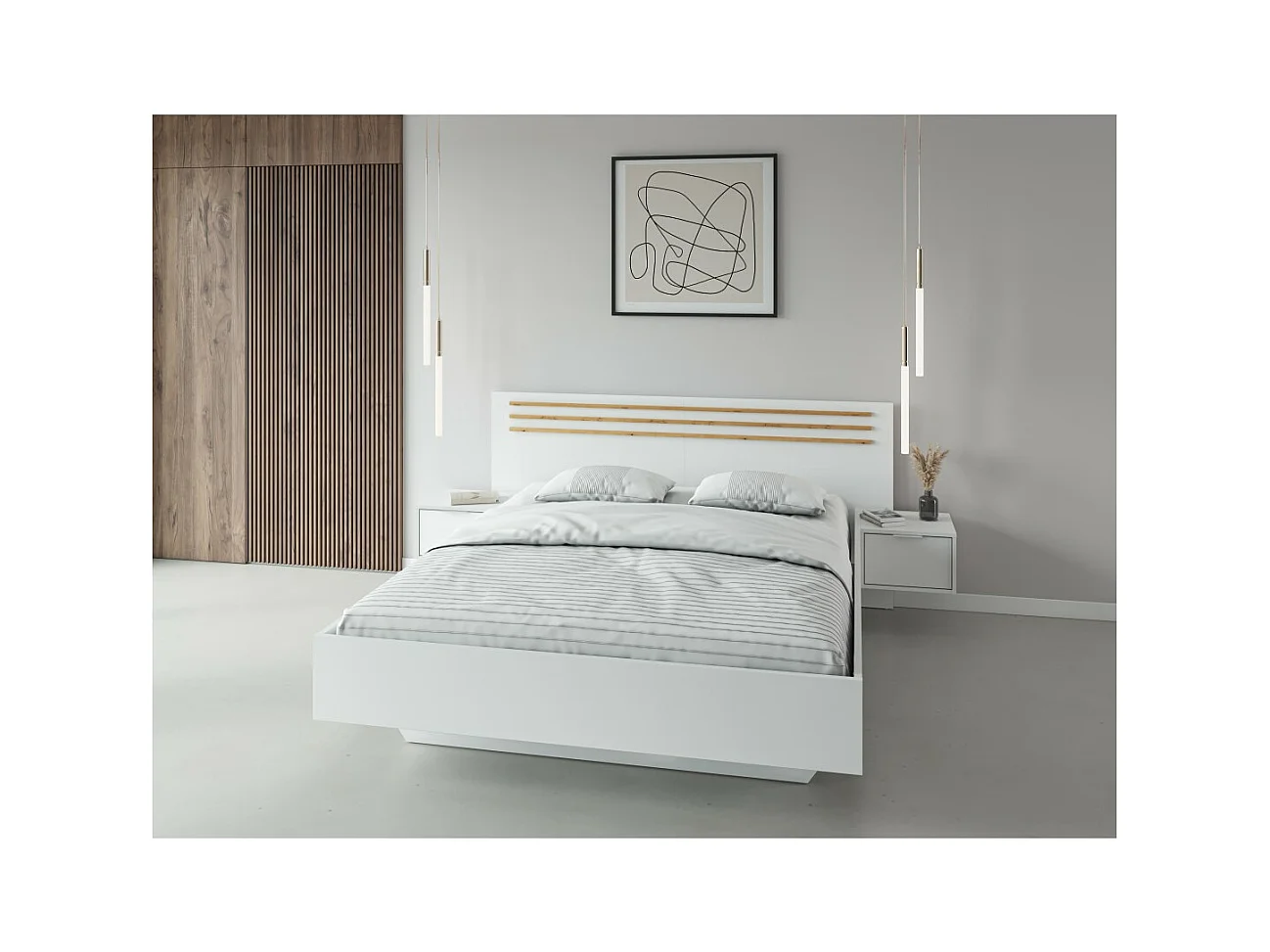 Cama FLORENCE – Blanca y roble – 160x200 cm – Con mesitas de noche integradas – Somier y cajones no incluidos