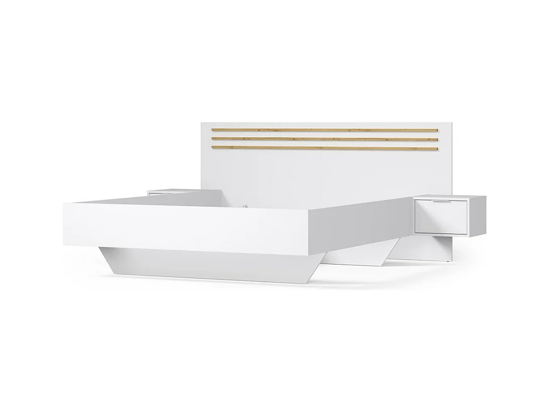 Cama FLORENCE – Blanca y roble – 160x200 cm – Con mesitas de noche integradas – Somier y cajones no incluidos