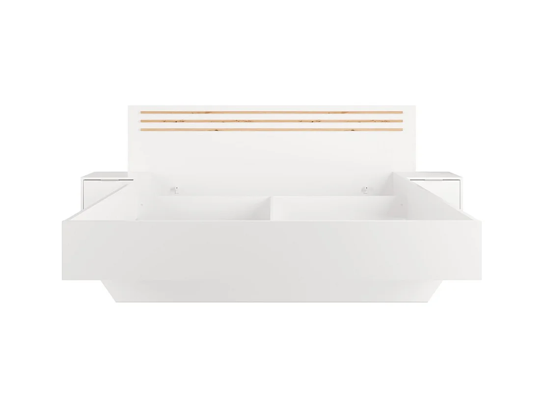 Cama FLORENCE – Blanca y roble – 160x200 cm – Con mesitas de noche integradas – Somier y cajones no incluidos